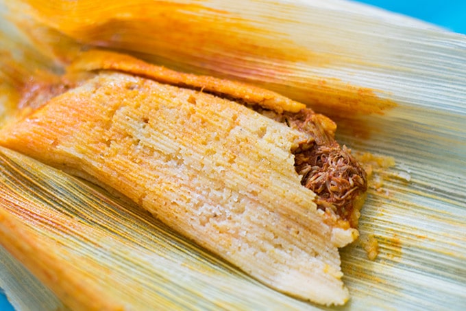 Red chile pork tamale after steaming.