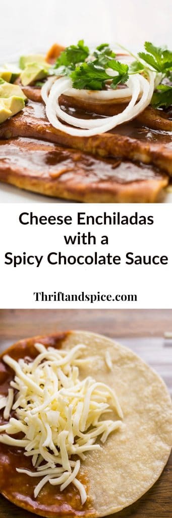 cheese enchiladas with a spicy chocolate sauce makes for a delicious mexican dinner. 