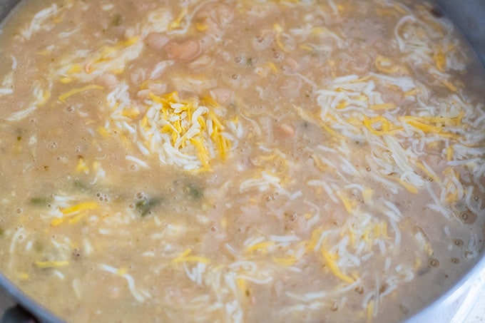 Overhead View of Cooked White Bean Chili with Cheese