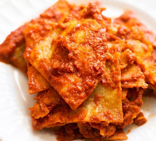 Tradition Rubin Maiden Chilaquiles Rojos Recipe (Red Chilaquiles) - Thrift and Spice