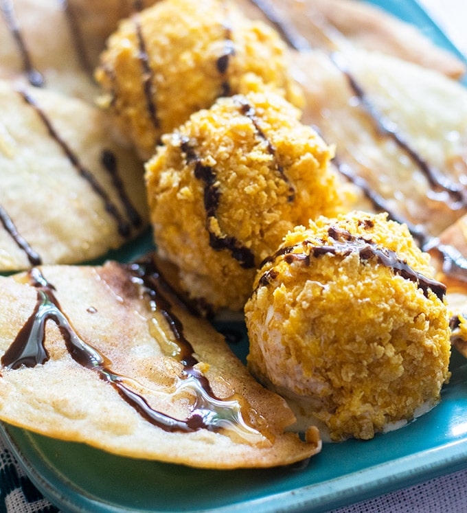 fried ice cream drizzled with chocolate and honey