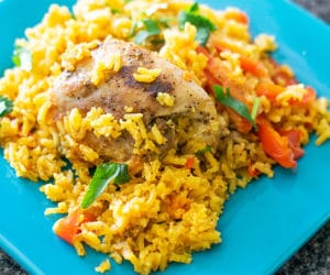 chicken and rice on a blue plate