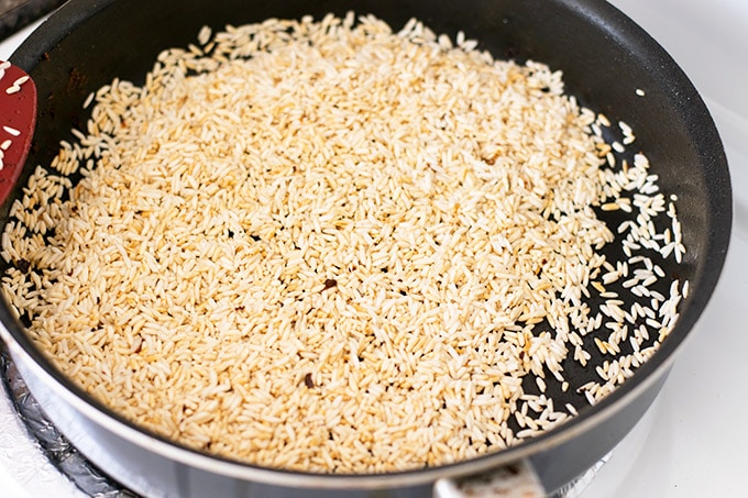 toasting rice in a skillet