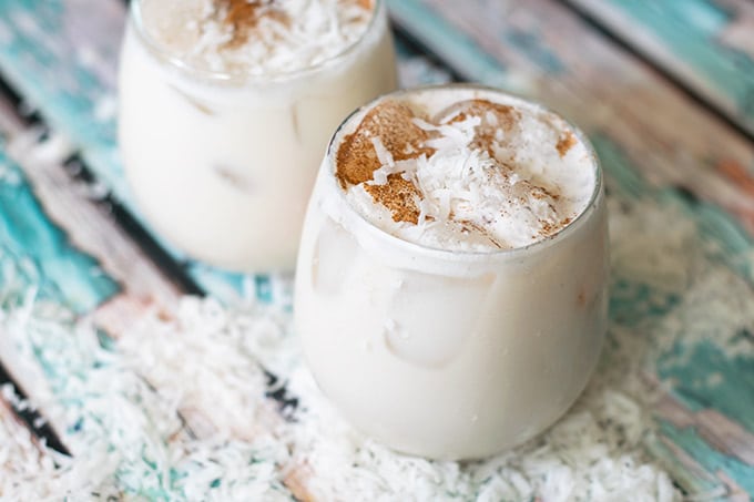 coconut horchata garnished with flaked coconut and ground cinnamon