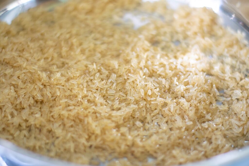 parboiled rice in a pan