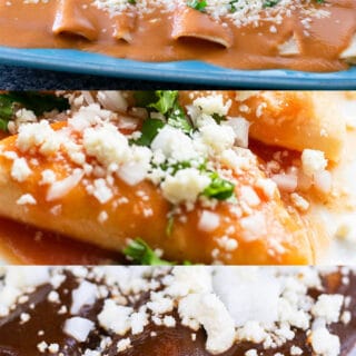 a collage of enfrijoladas, entomatadas and enmoladas