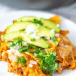 chilaquiles with tortilla chips garnished with diced onion, chopped cilantro and sliced avocado.