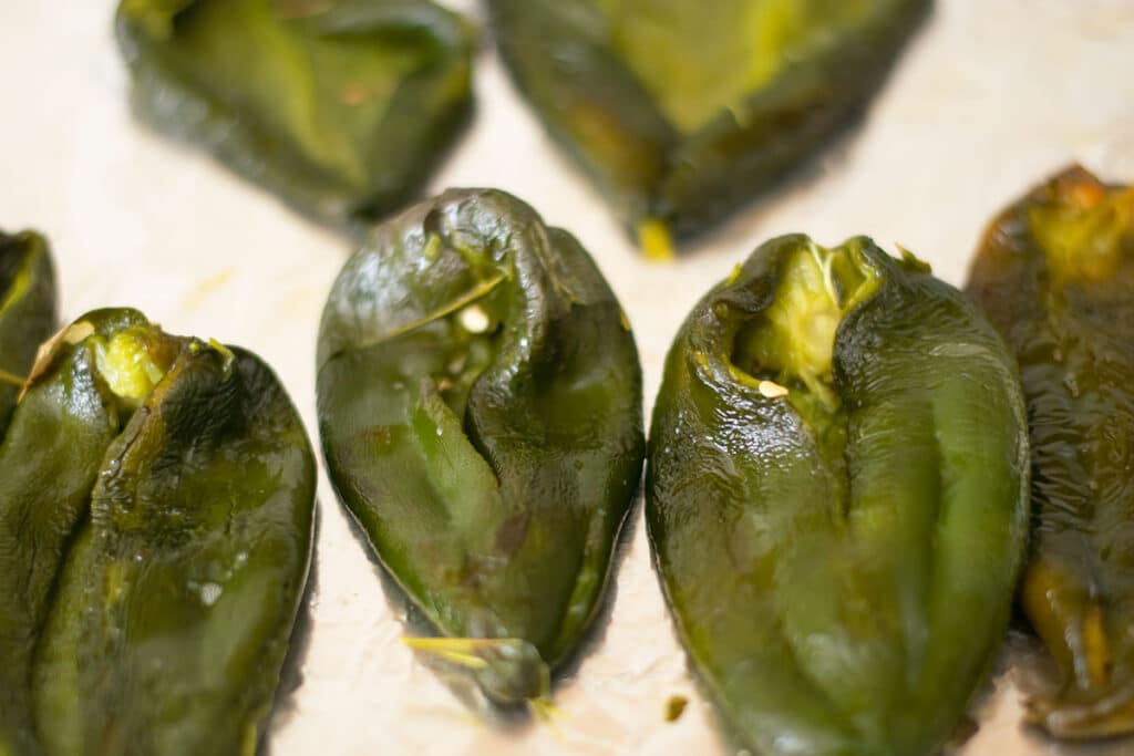 roasted and peeled poblano peppers.