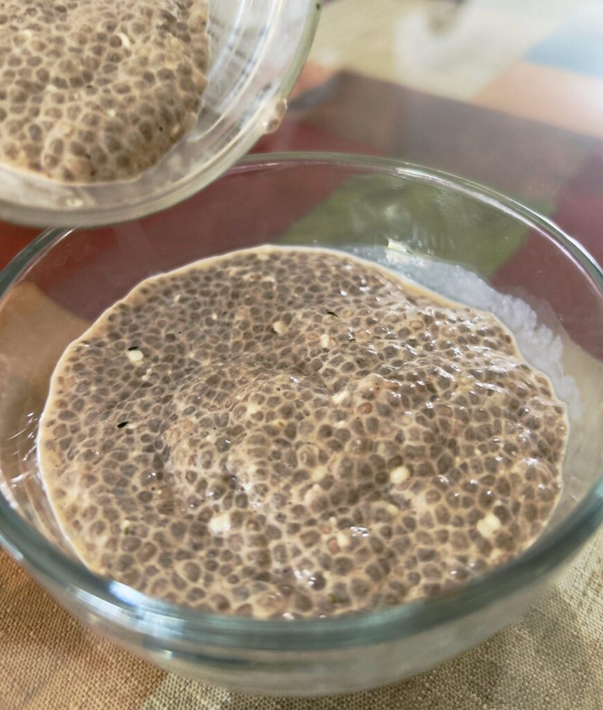 Oat milk chia pudding in a bowl.