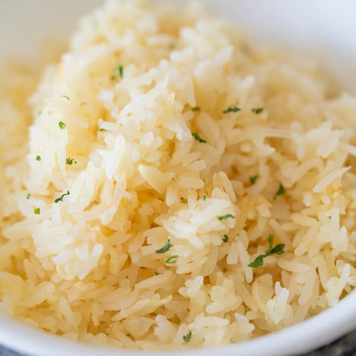 Rice pilaf in a white bowl.