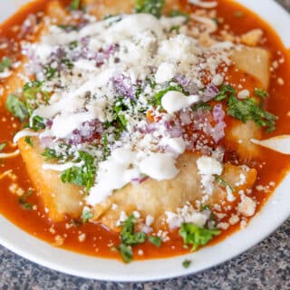 chilaquiles rellenos on a white plate.