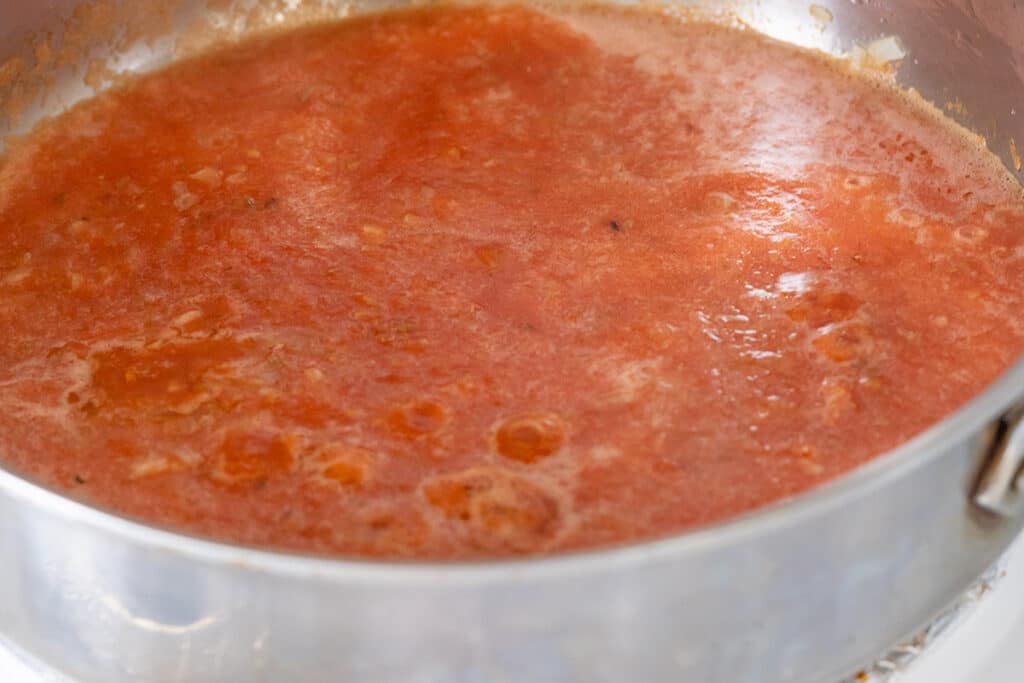 Homemade tomato sauce in a skillet.