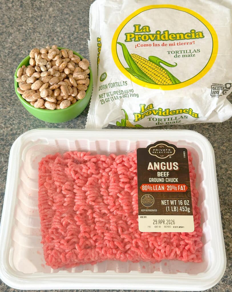 Ingredients for beef and bean taquitos.