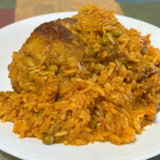 Arroz con pollo on a white plate
