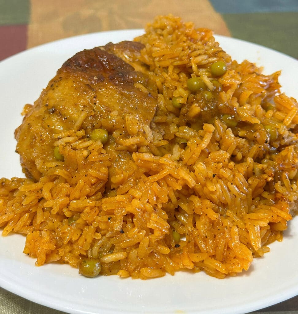Arroz con pollo on a white plate