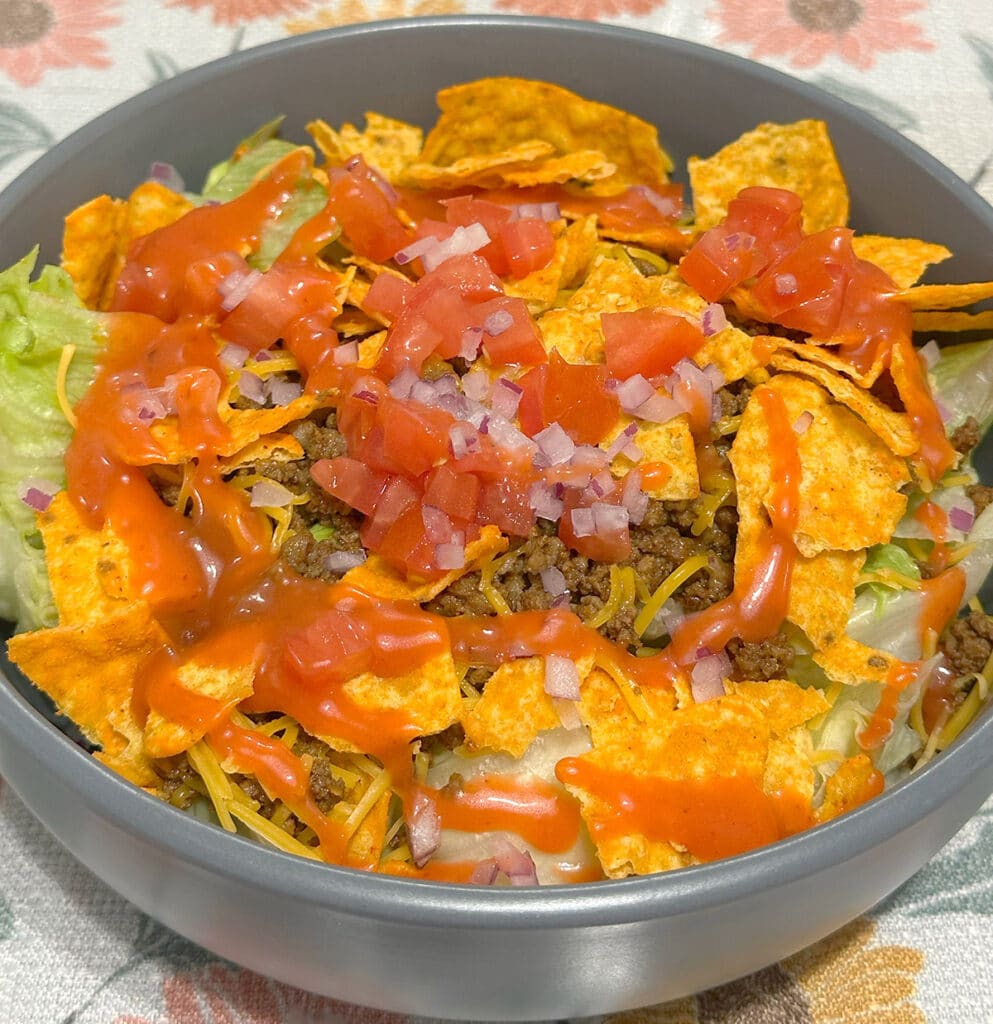 Dorito taco salad in a bowl.