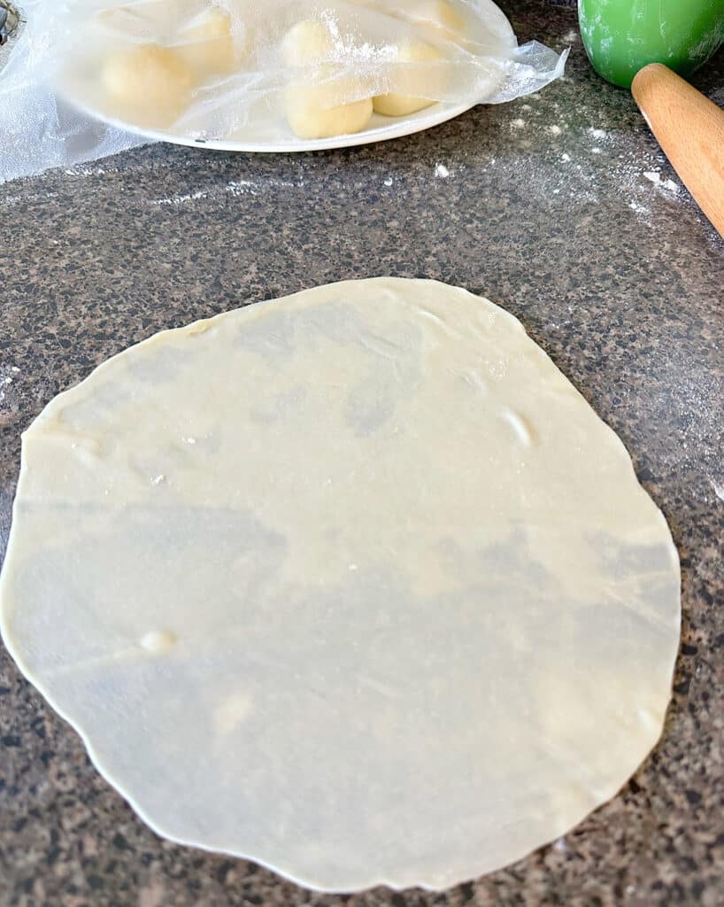 Rolled out tortilla dough.