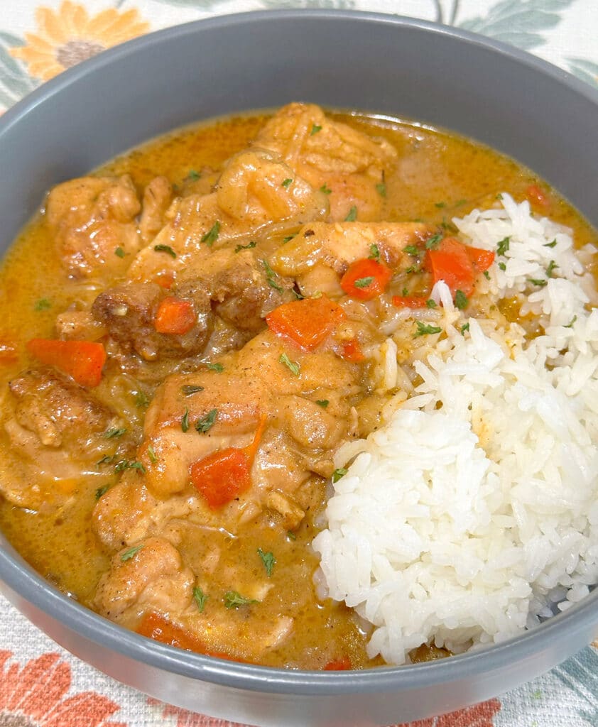 Smothered chicken thighs with rice in a bowl.