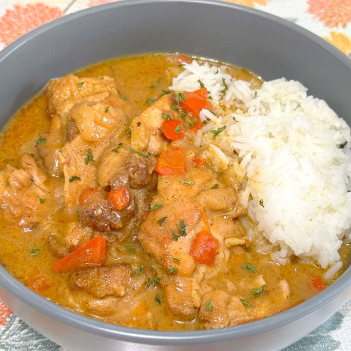 A bowl of smothered chicken thighs and rice.