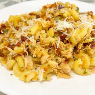 A plate of pasta with canned tuna.